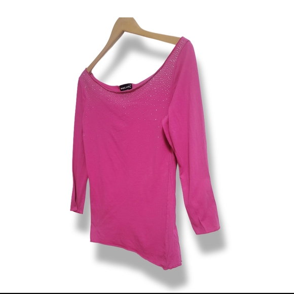 🌿Wet Seal Women’s Large Hot Pink Bedazzled Top Scoop Neck 3/4 Sleeve Cotton Y2K - Picture 4 of 10